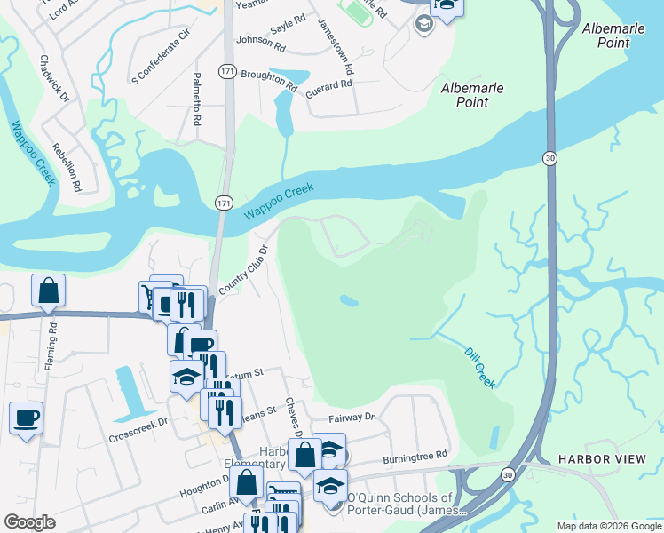 map of restaurants, bars, coffee shops, grocery stores, and more near 235 Country Club Lane in Charleston