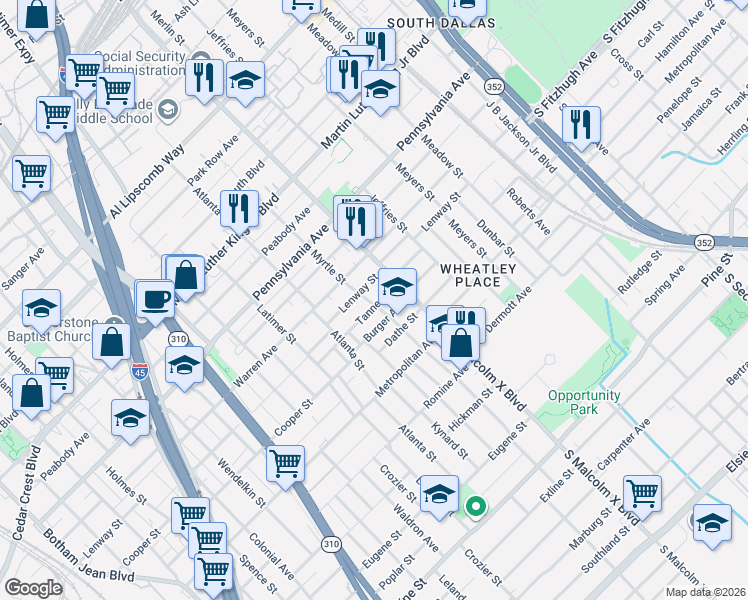 map of restaurants, bars, coffee shops, grocery stores, and more near 2701 Tanner Street in Dallas
