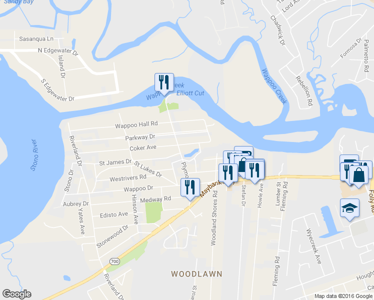 map of restaurants, bars, coffee shops, grocery stores, and more near 2047 Coker Avenue in Charleston