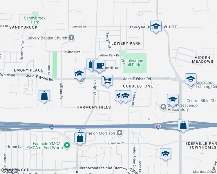 map of restaurants, bars, coffee shops, grocery stores, and more near 1012 Fairweather Drive in Fort Worth
