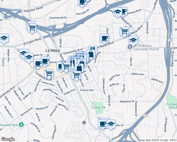 map of restaurants, bars, coffee shops, grocery stores, and more near 4676 4th Street in La Mesa