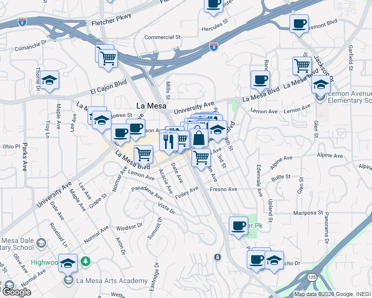map of restaurants, bars, coffee shops, grocery stores, and more near 8273 La Mesa Boulevard in La Mesa