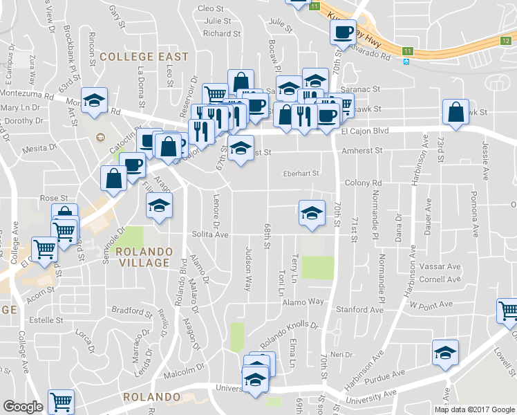 map of restaurants, bars, coffee shops, grocery stores, and more near 4741 68th Street in La Mesa