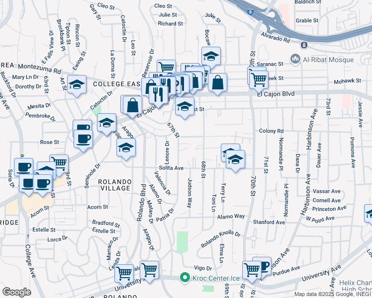 map of restaurants, bars, coffee shops, grocery stores, and more near 4751 67th Street in San Diego