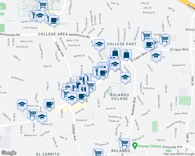 map of restaurants, bars, coffee shops, grocery stores, and more near 4739 63rd Street in San Diego