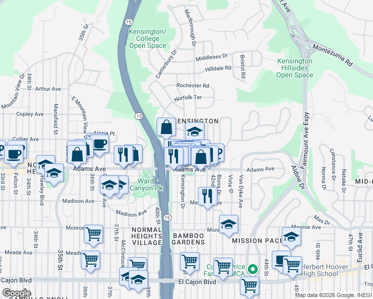 map of restaurants, bars, coffee shops, grocery stores, and more near 4750 Marlborough Drive in San Diego