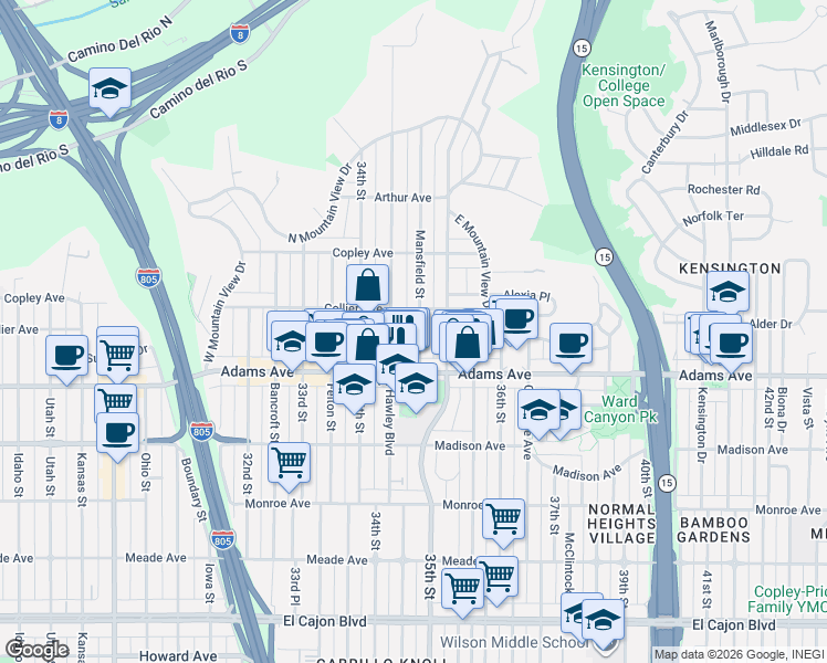 map of restaurants, bars, coffee shops, grocery stores, and more near 4754 Mansfield Street in San Diego