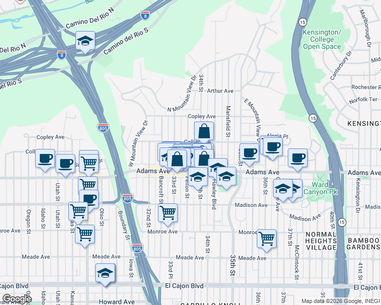map of restaurants, bars, coffee shops, grocery stores, and more near 4745 Felton Street in San Diego