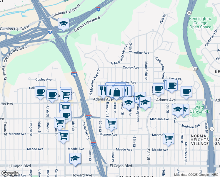 map of restaurants, bars, coffee shops, grocery stores, and more near 4744 1/2 33rd Street in San Diego