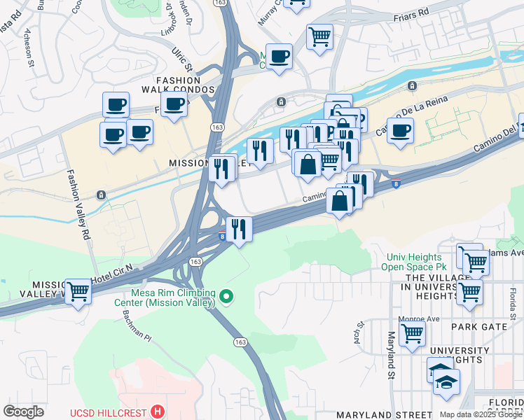 map of restaurants, bars, coffee shops, grocery stores, and more near 588 Camino Del Rio North in San Diego