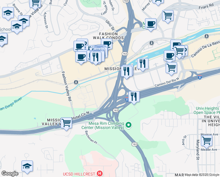 map of restaurants, bars, coffee shops, grocery stores, and more near 123 Camino De La Reina in San Diego