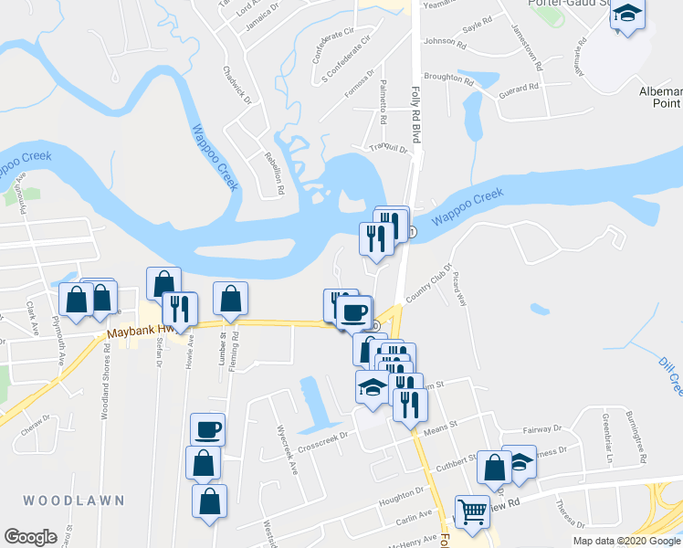 map of restaurants, bars, coffee shops, grocery stores, and more near 18 Wappoo Creek Place in Charleston
