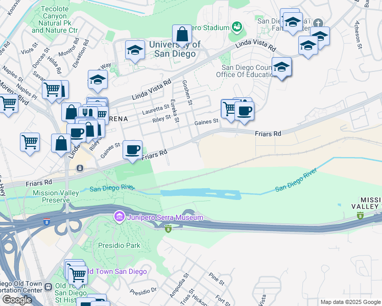 map of restaurants, bars, coffee shops, grocery stores, and more near 5805 Friars Road in San Diego