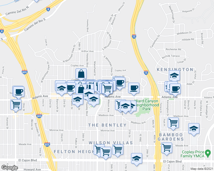 map of restaurants, bars, coffee shops, grocery stores, and more near 4772 Wilson Avenue in San Diego