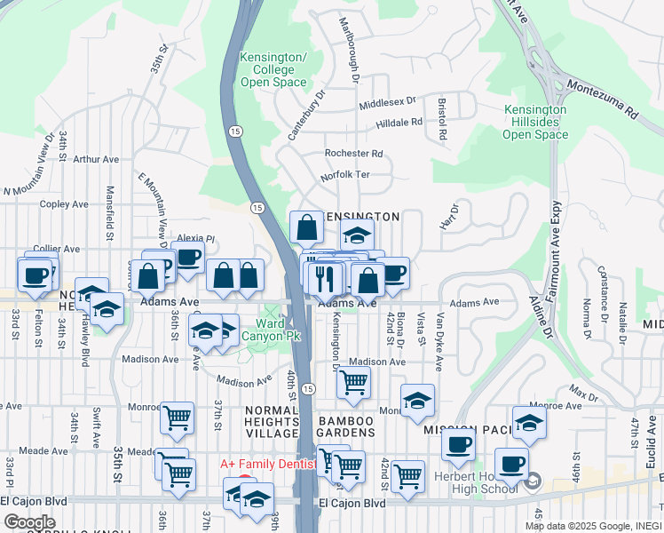 map of restaurants, bars, coffee shops, grocery stores, and more near 4756 Kensington Drive in San Diego