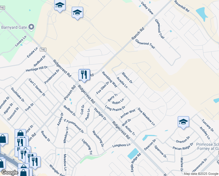 map of restaurants, bars, coffee shops, grocery stores, and more near 618 Rockbrook Dr in Forney