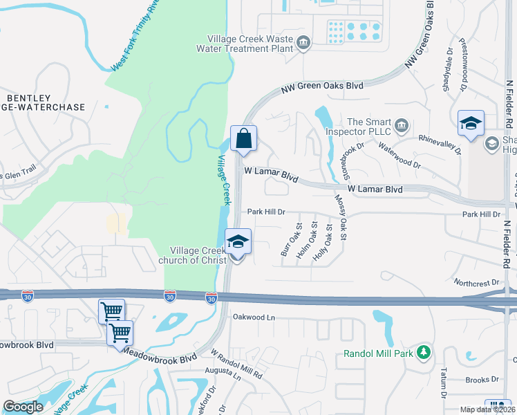 map of restaurants, bars, coffee shops, grocery stores, and more near 2305 Park Hill Drive in Arlington