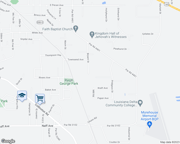 map of restaurants, bars, coffee shops, grocery stores, and more near 1415 Bryant Street in Bastrop