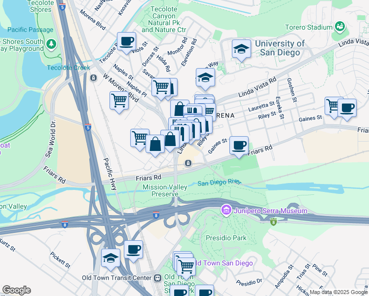 map of restaurants, bars, coffee shops, grocery stores, and more near 5375 Napa Street in San Diego