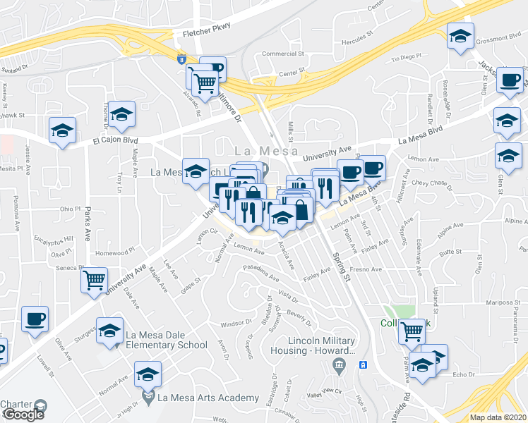map of restaurants, bars, coffee shops, grocery stores, and more near 8070 Orange Avenue in La Mesa