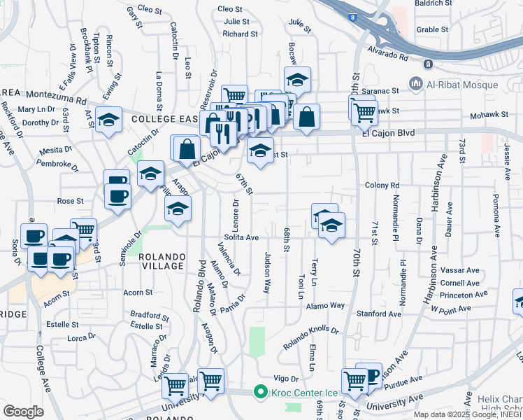 map of restaurants, bars, coffee shops, grocery stores, and more near 4753 67th Street in San Diego