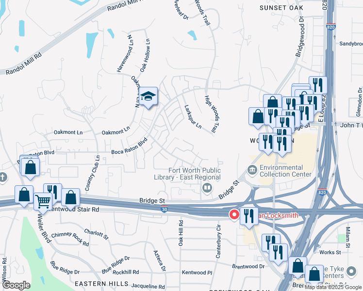 map of restaurants, bars, coffee shops, grocery stores, and more near 6001 Oakland Hills Drive in Fort Worth