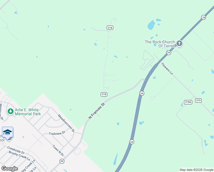 map of restaurants, bars, coffee shops, grocery stores, and more near 14076 County Road 318 in Terrell