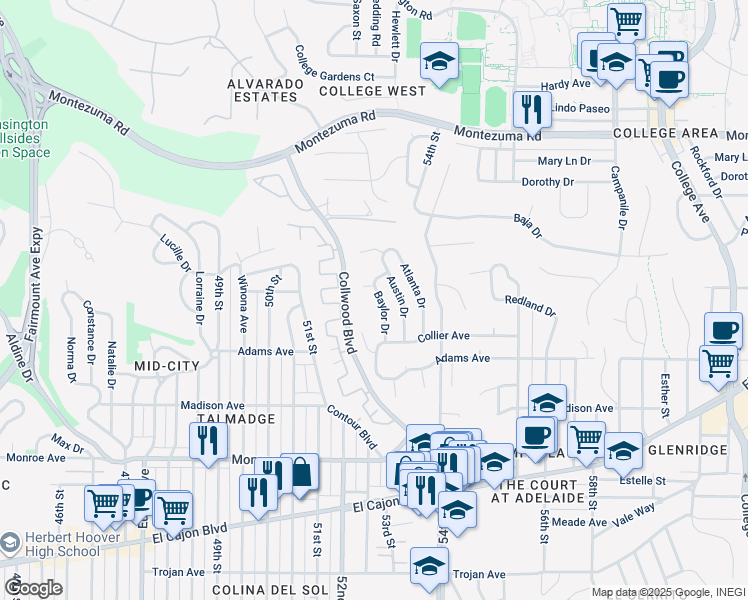 map of restaurants, bars, coffee shops, grocery stores, and more near 4810 Baylor Drive in San Diego