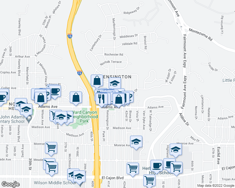 map of restaurants, bars, coffee shops, grocery stores, and more near 4773 Marlborough Drive in San Diego