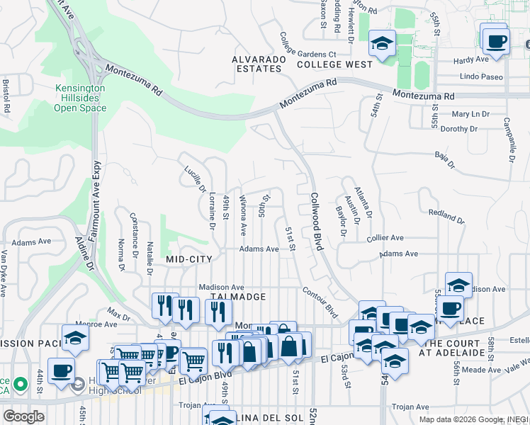 map of restaurants, bars, coffee shops, grocery stores, and more near 4791 50th Street in San Diego