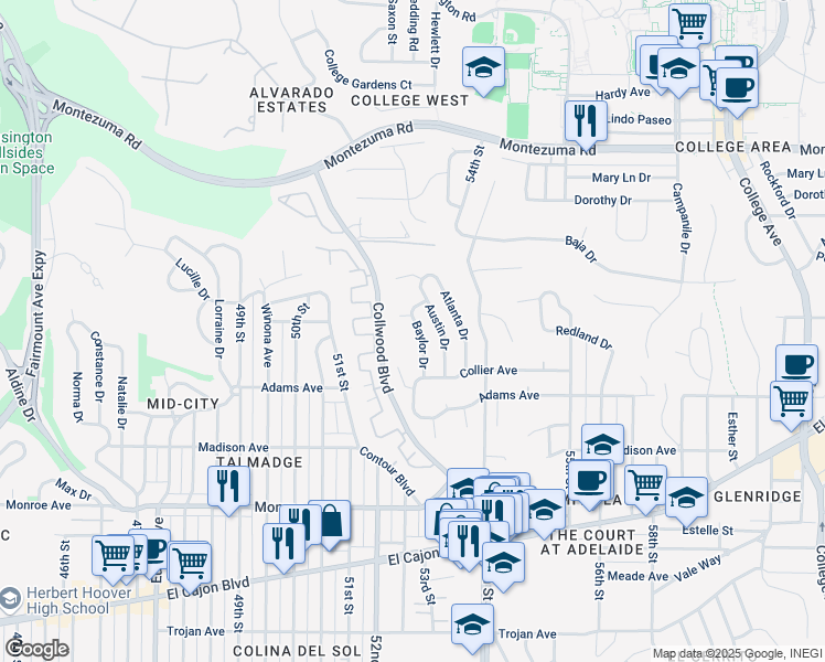 map of restaurants, bars, coffee shops, grocery stores, and more near 4810 Baylor Drive in San Diego