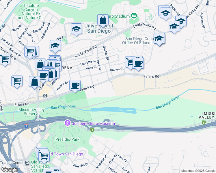 map of restaurants, bars, coffee shops, grocery stores, and more near 5865 Friars Road in San Diego