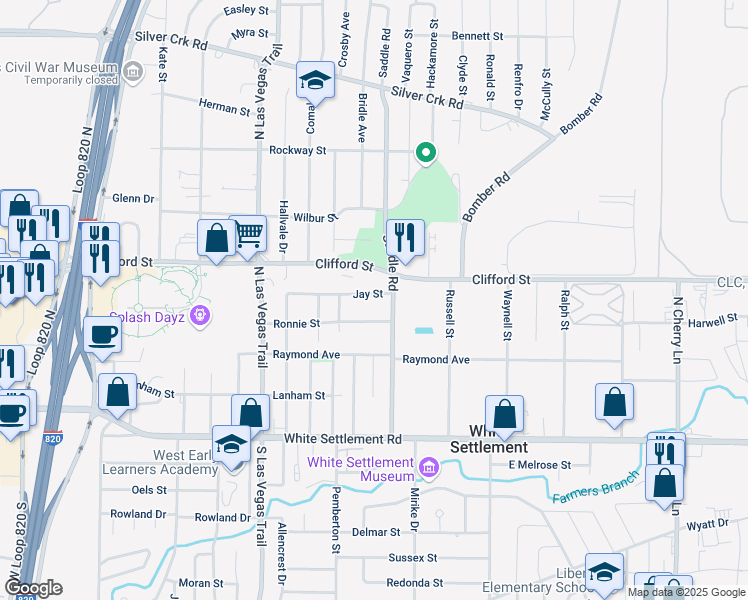 map of restaurants, bars, coffee shops, grocery stores, and more near 8409 Jay Street in White Settlement