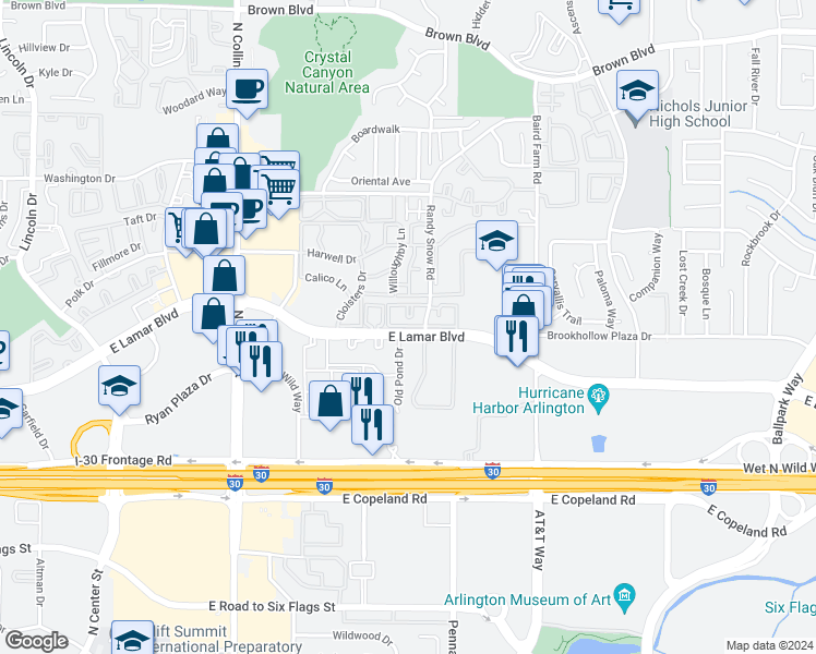 map of restaurants, bars, coffee shops, grocery stores, and more near 140 Summer Bay Circle in Arlington