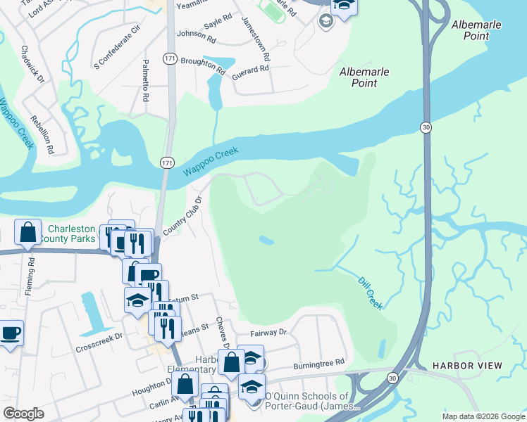 map of restaurants, bars, coffee shops, grocery stores, and more near 235 Country Club Lane in Charleston