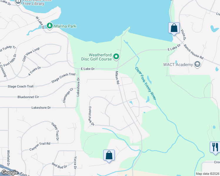 map of restaurants, bars, coffee shops, grocery stores, and more near 109 Autumn Wood Court in Weatherford