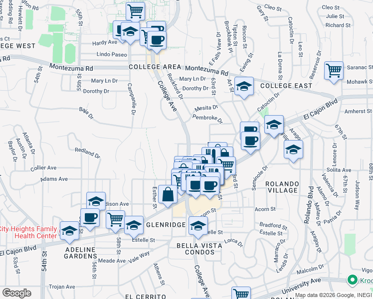 map of restaurants, bars, coffee shops, grocery stores, and more near 4778 College Avenue in San Diego