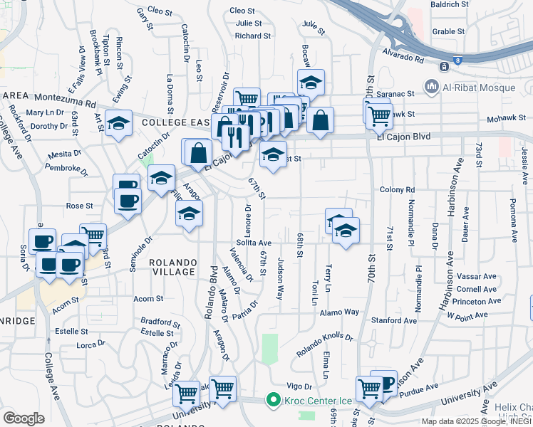 map of restaurants, bars, coffee shops, grocery stores, and more near 4751 67th Street in San Diego