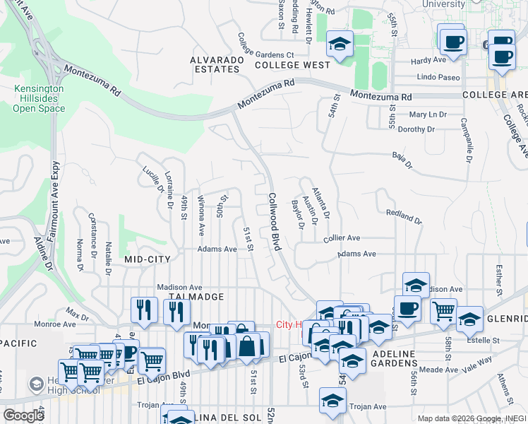 map of restaurants, bars, coffee shops, grocery stores, and more near 4401 Collwood Lane in San Diego