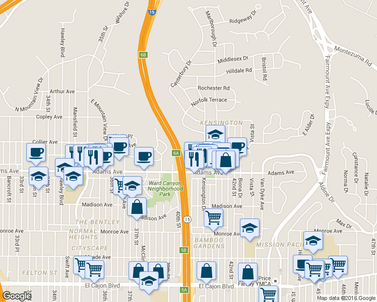 map of restaurants, bars, coffee shops, grocery stores, and more near 4745 Terrace Drive in San Diego