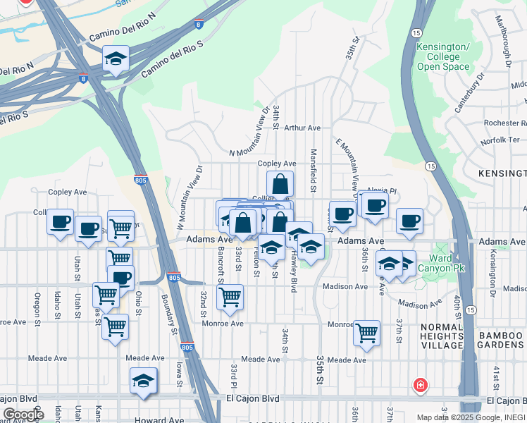 map of restaurants, bars, coffee shops, grocery stores, and more near 4745 Felton Street in San Diego