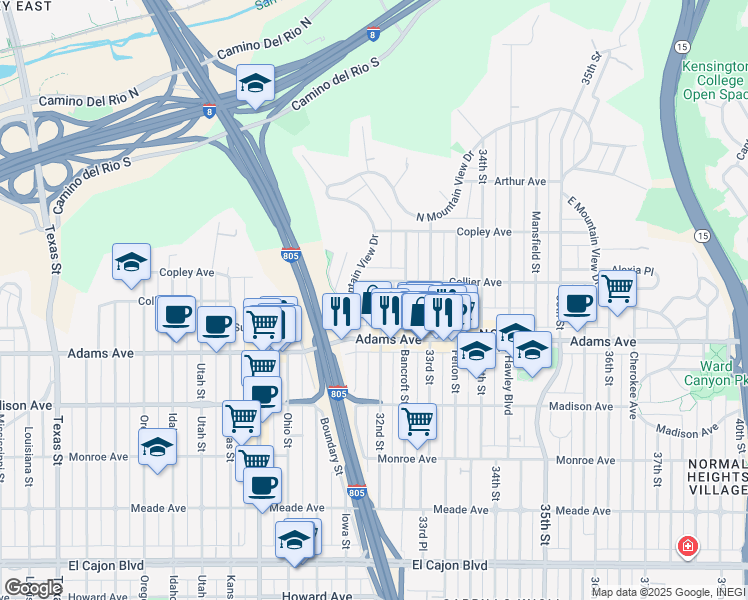 map of restaurants, bars, coffee shops, grocery stores, and more near 4757 West Mountain View Drive in San Diego