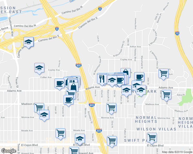 map of restaurants, bars, coffee shops, grocery stores, and more near 4757 West Mountain View Drive in San Diego
