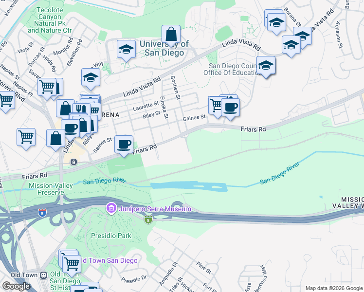map of restaurants, bars, coffee shops, grocery stores, and more near 5865 Friars Road in San Diego