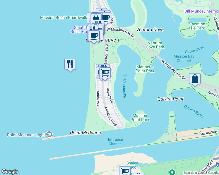 map of restaurants, bars, coffee shops, grocery stores, and more near 2842 Bayside Walk in San Diego