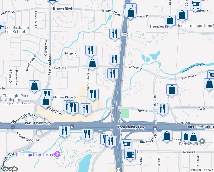 map of restaurants, bars, coffee shops, grocery stores, and more near 1108 Silverwood Drive in Arlington