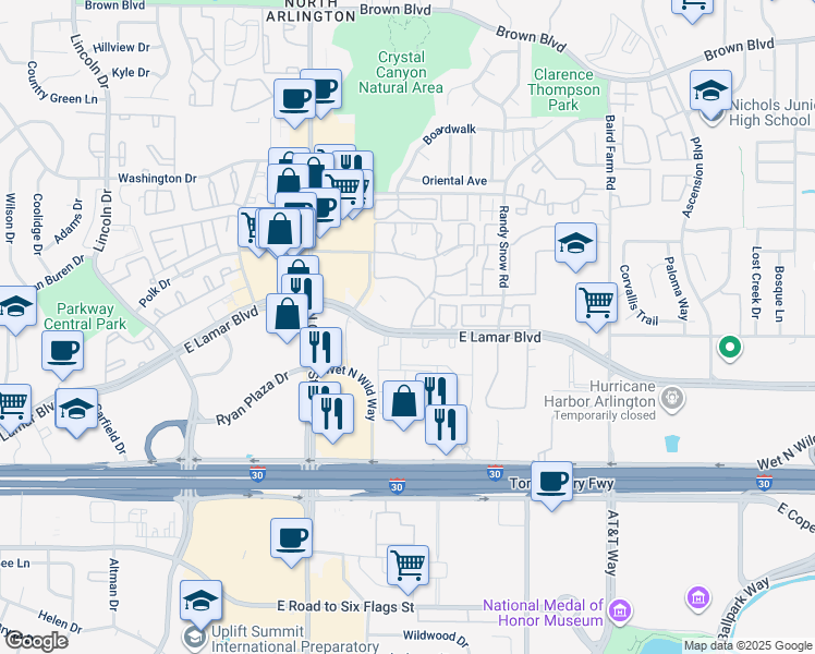 map of restaurants, bars, coffee shops, grocery stores, and more near 1208 East Lamar Boulevard in Arlington