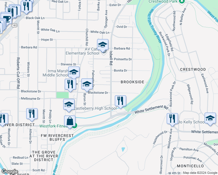 map of restaurants, bars, coffee shops, grocery stores, and more near 304 Isbell Road in Fort Worth