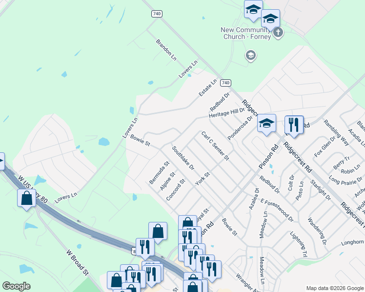 map of restaurants, bars, coffee shops, grocery stores, and more near 604 Carl C Senter Street in Forney