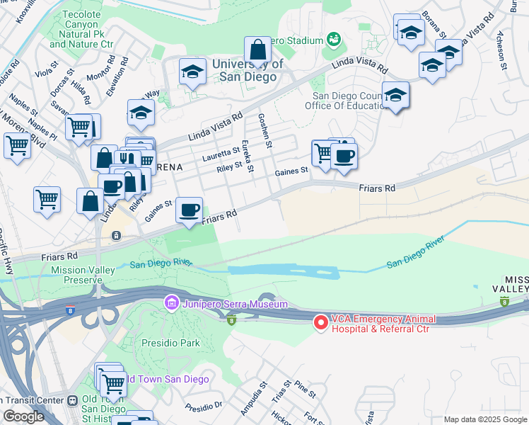 map of restaurants, bars, coffee shops, grocery stores, and more near 5865 Friars Road in San Diego